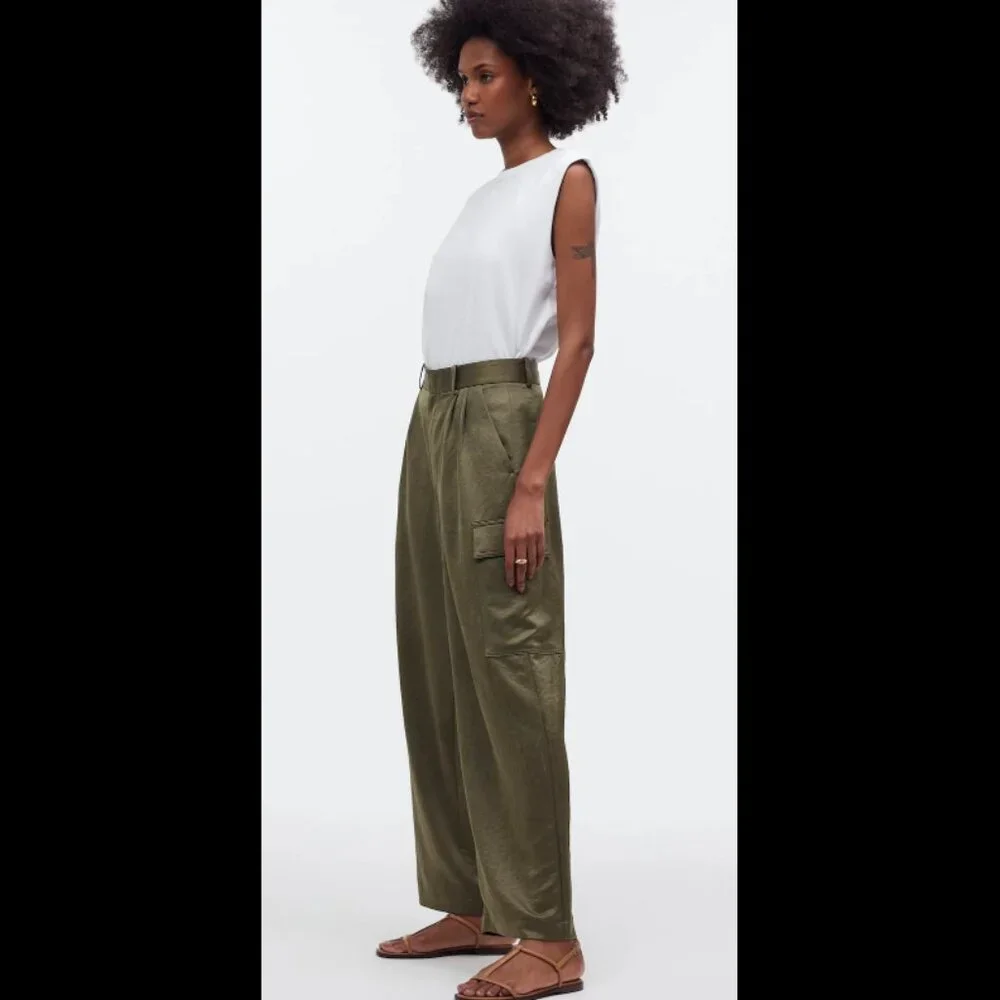 MADEWELL High-Rise Straight Cargo Trousers in Satin Women's Size 10 Olive Green - Picture 3 of 12